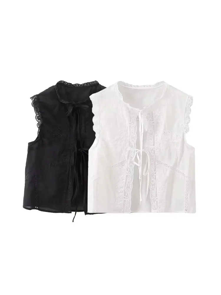 Blusas femininas bordadas de renda, gola redonda, sem mangas, amarradas na frente, camisas femininas, tops chiques, moda