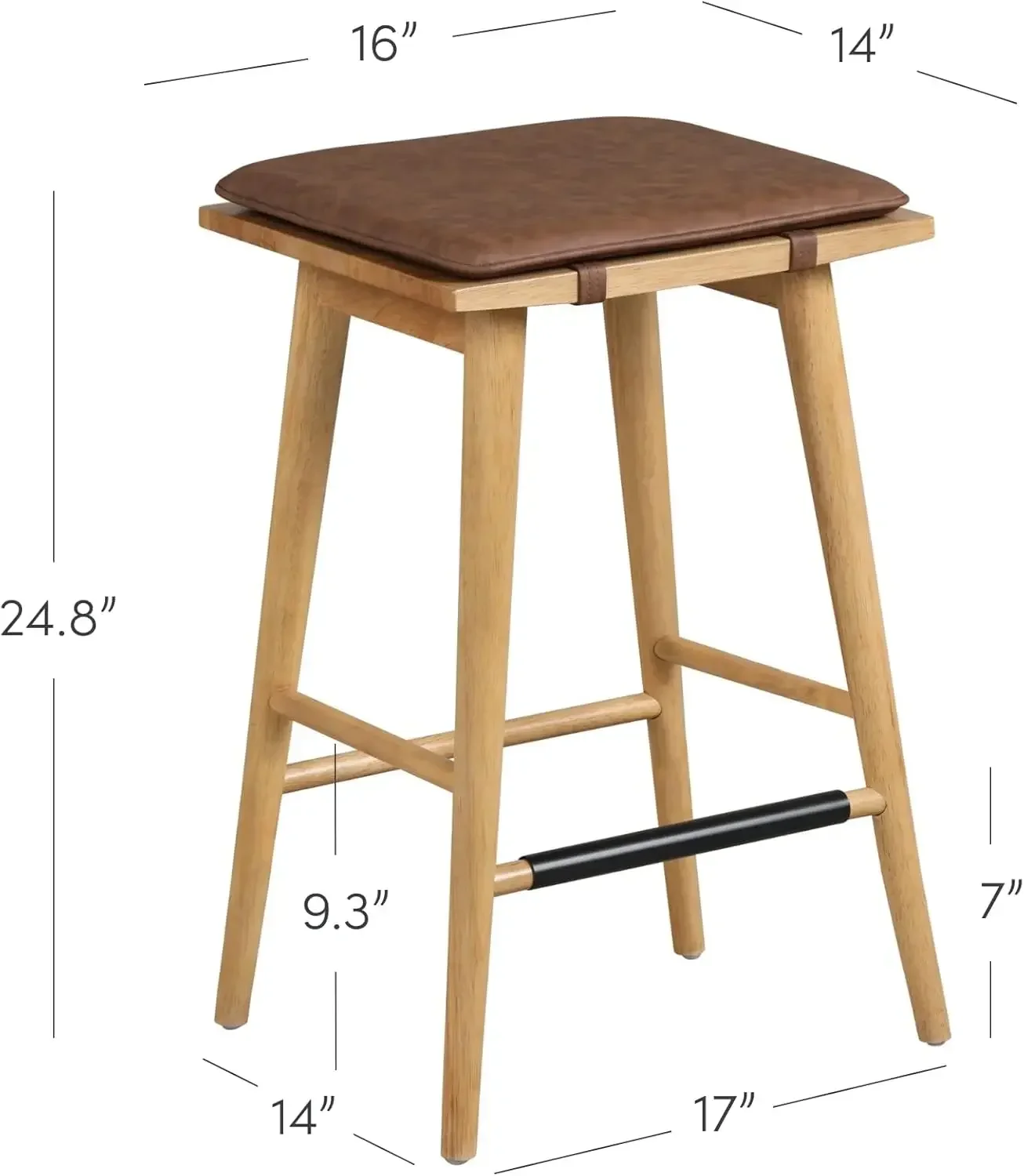 Set of 2 Barker Classic Counter Height Wood Barstool with Leather Removable Cushion, Backless Island 24" Bar Stool for Kitchen