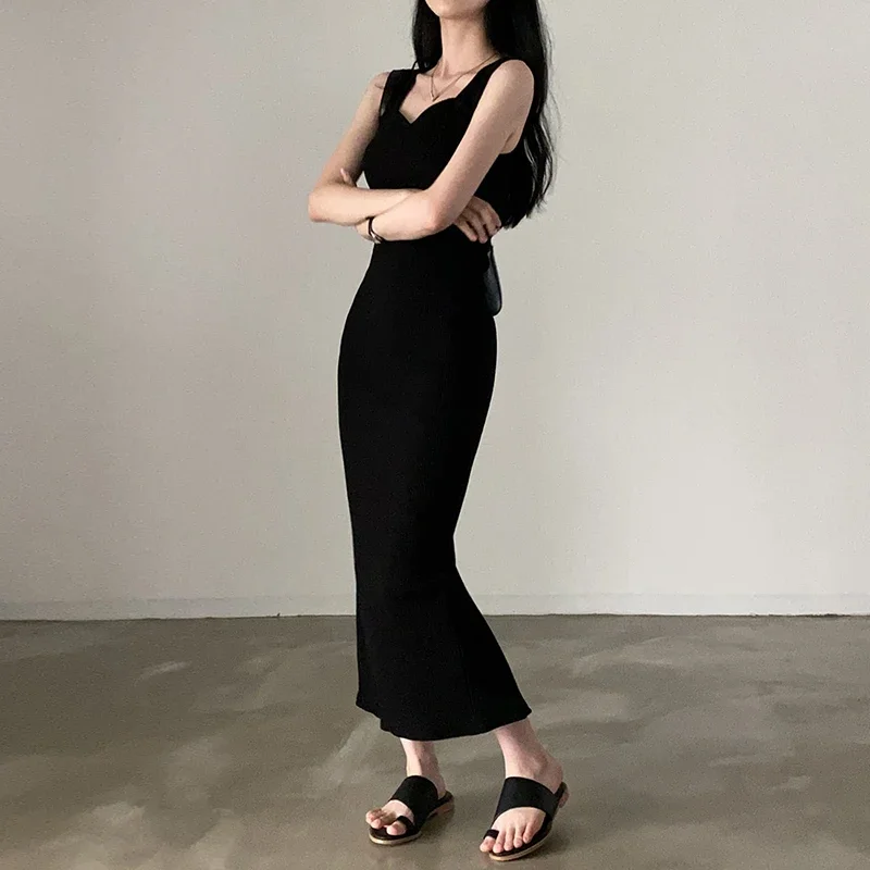 Myufon Basic Strick Langes Kleid Koreanische Mode Quadrat Kragen Ärmellose Damen Kleider Sommer Casual Y2k Vintage All-match Outftis