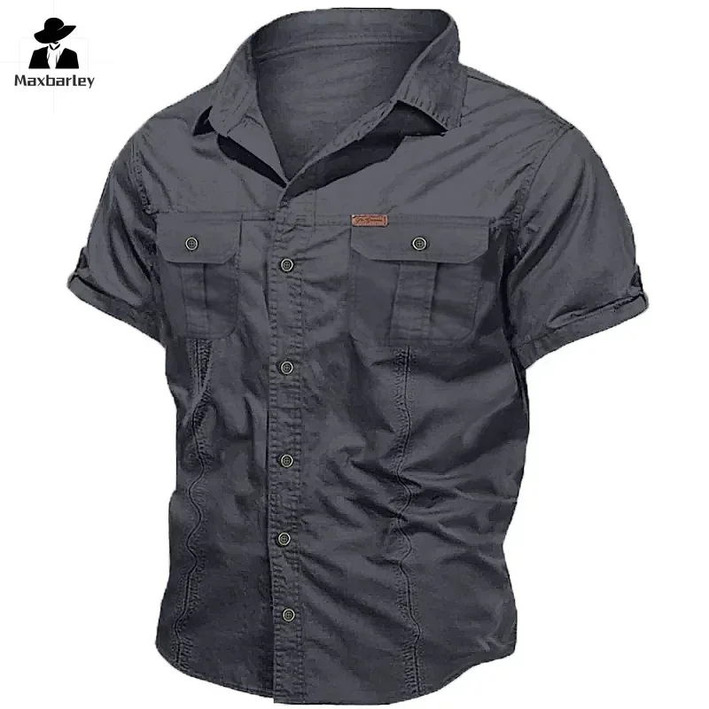 Neues Herren-Arbeitshirt, lässig, Retro, 100 % Baumwolle, kurzärmelig, fliegendes Cargo-Hemd, Herren, Sommer, Angeln, Jagd, Hemd mit mehreren Taschen