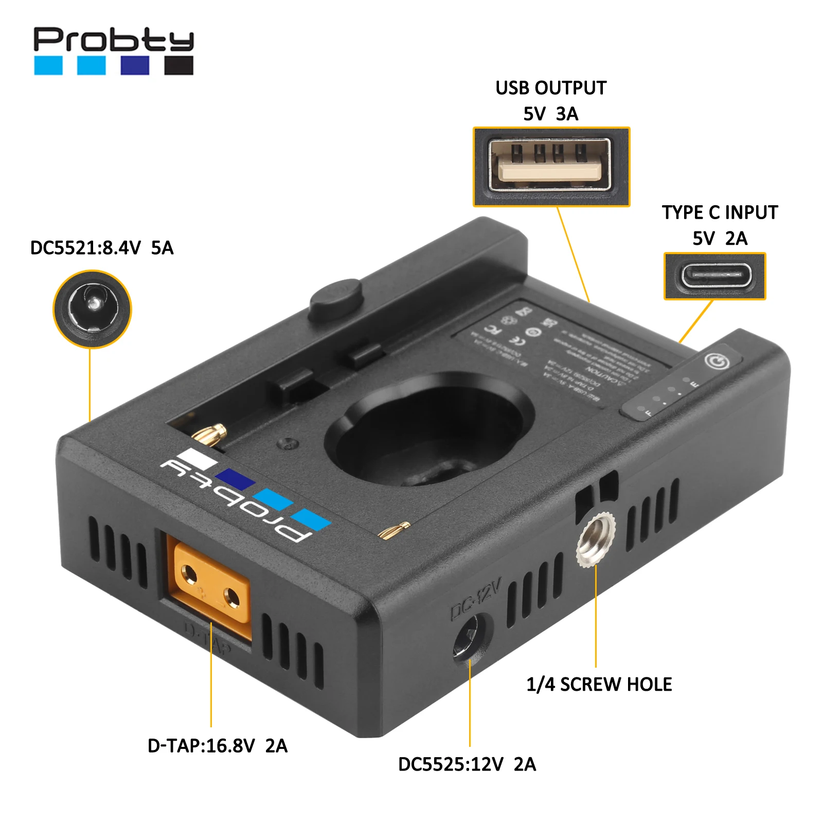 NP-F Batterieladegerät Batterieadapterplatte mit DC12V DC8V USB-A Ausgang Kaltschuhadapter 1/4 Zoll Schraubenloch