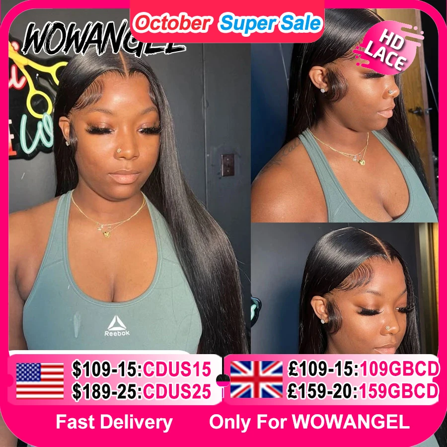 WowAngel 250% pelucas frontales de encaje 13x6 HD pre decoloradas 34 pulgadas pelucas de cabello humano liso sin pegamento cabello brasileño prearrancado para mujeres