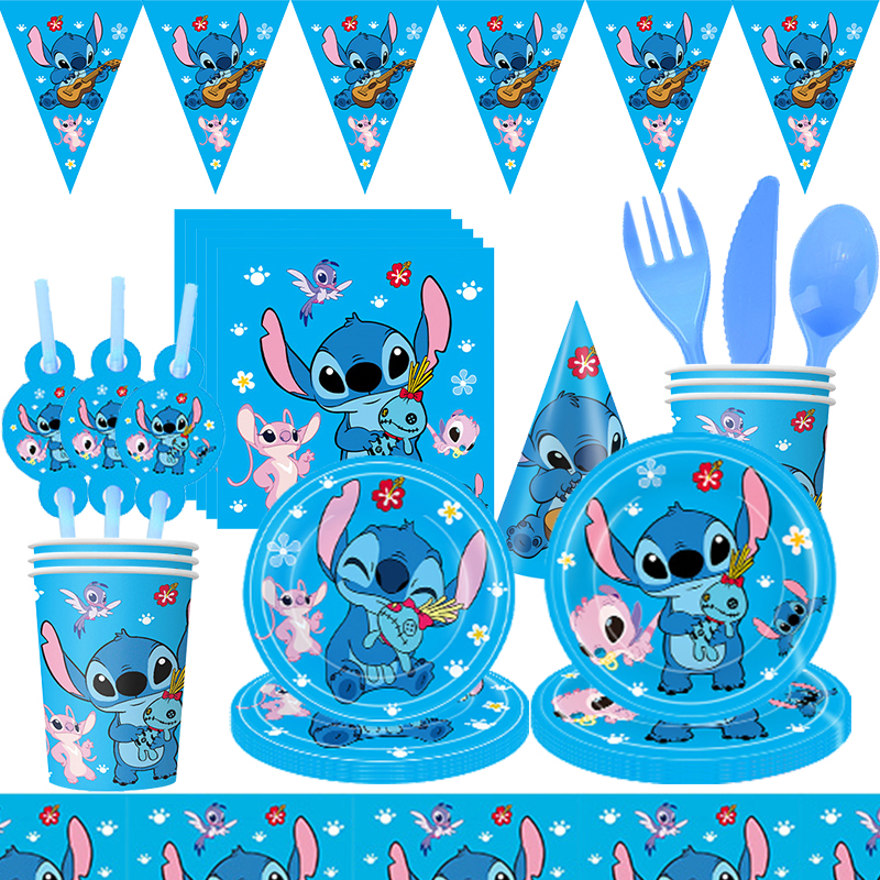 Украшения на день рождения Disney Stitch, одноразовая посуда, тарелка, салфетка, соломенная скатерть, фольгированный воздушный шар, товары для вечеринок, подарки для детей