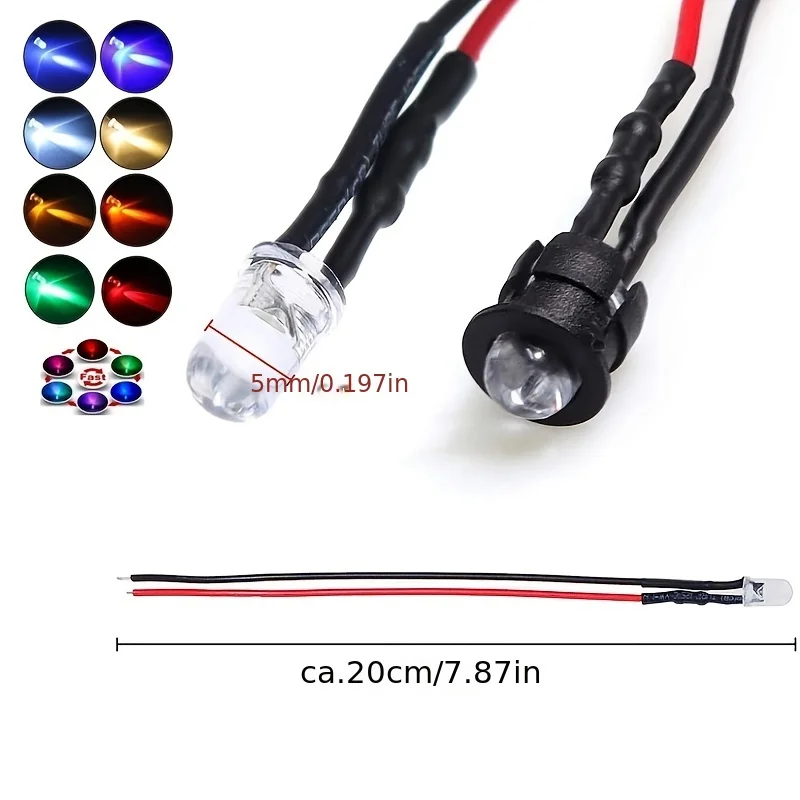 20 piezas/50 unidades LED de 5MM 9V-12V Micro LED precableado para combinación de modelos DIY Kit blanco, rojo, azul, verde, amarillo