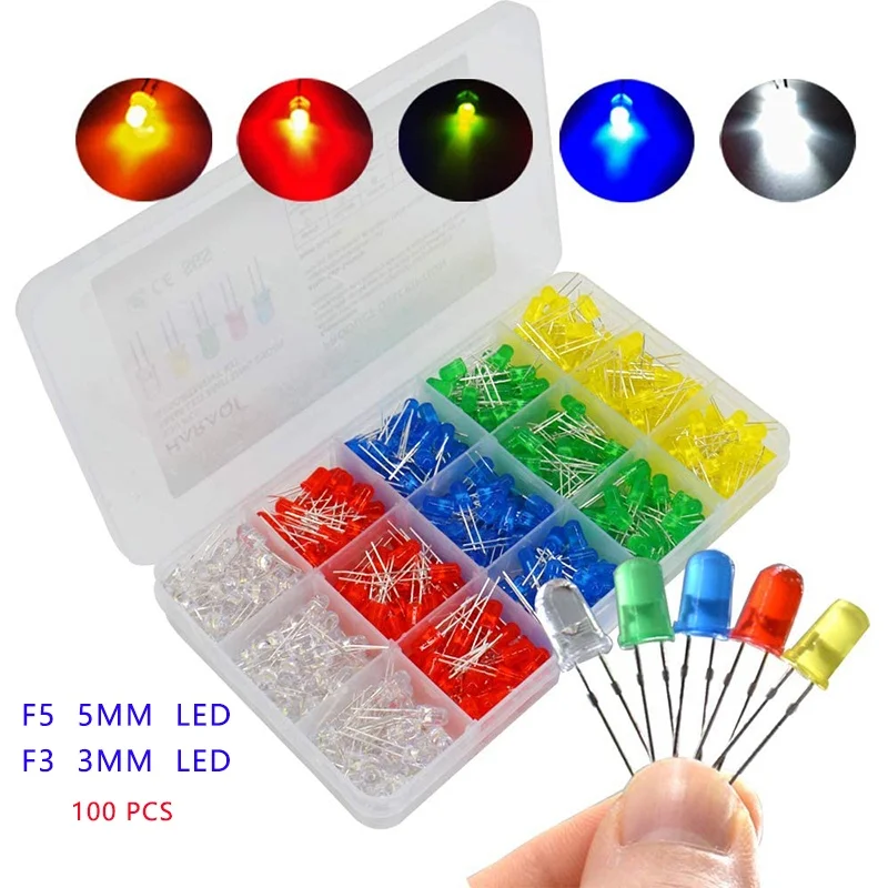 LAUBEI 100 unids/lote 3mm 5mm F3 F5 LED redondo Ultra brillante blanco verde amarillo azul blanco rojo diodo emisor de luz para Kit Diy
