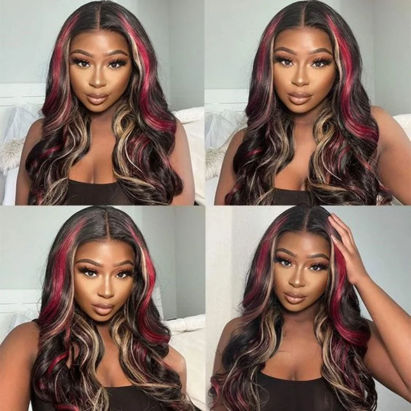Peluca 13X6 negra con reflejos rubios rojos pelucas frontales de encaje sintético 13x4 prearrancadas con línea de cabello peluca Frontal de encaje para mujer