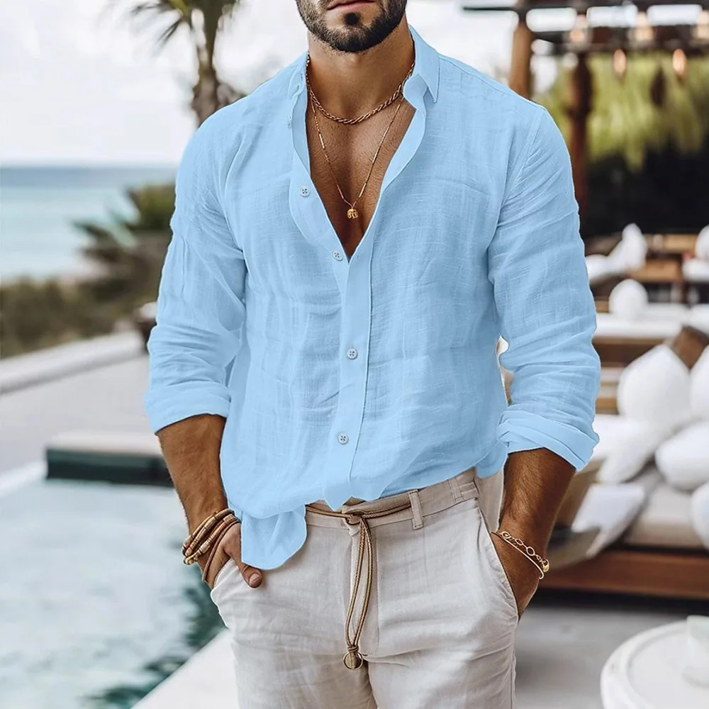 Cotton Linen Shirt for Men Summer Beach Style Solid Color Single Breasted Breathable Shirts Lightweight Stylish Button Tops