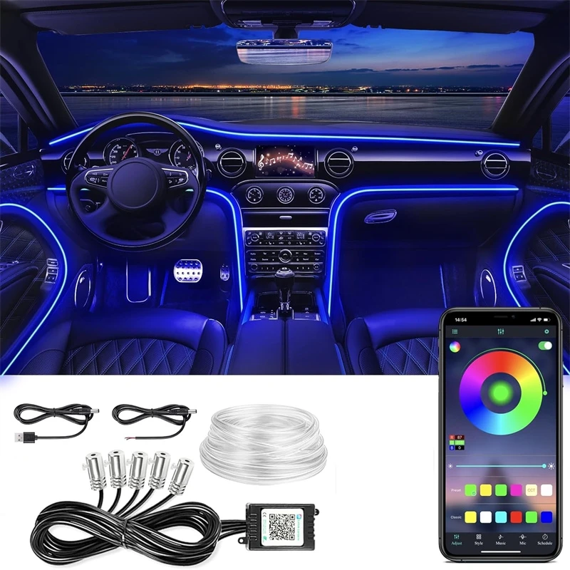 LED Auto-interieur Ambient Strip Lights RGB Glasvezel Sfeer Neon Verlichtingsset W / APP Afstandsbediening Auto Decoratieve Lampen