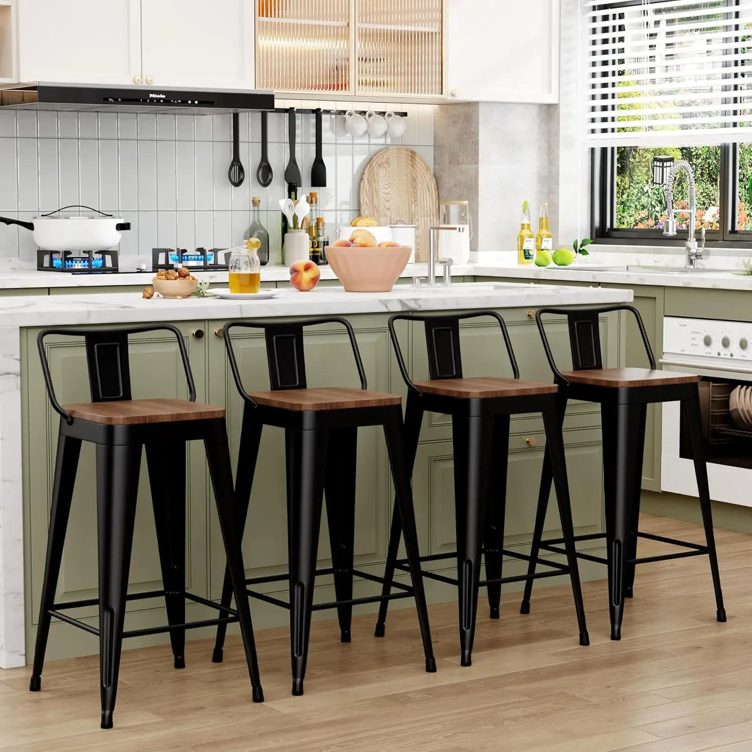Metal Bar Stools Set of 4 Counter Height Bar Stools Barstools with Removable Back 26" Kitchen Bar Stools with Wooden Se