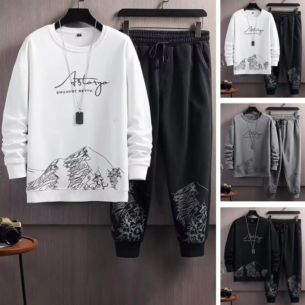Chándal con estampado de montaña para hombre, Conjunto de sudadera con cuello redondo, pantalones de correr con cordón, Otoño e Invierno