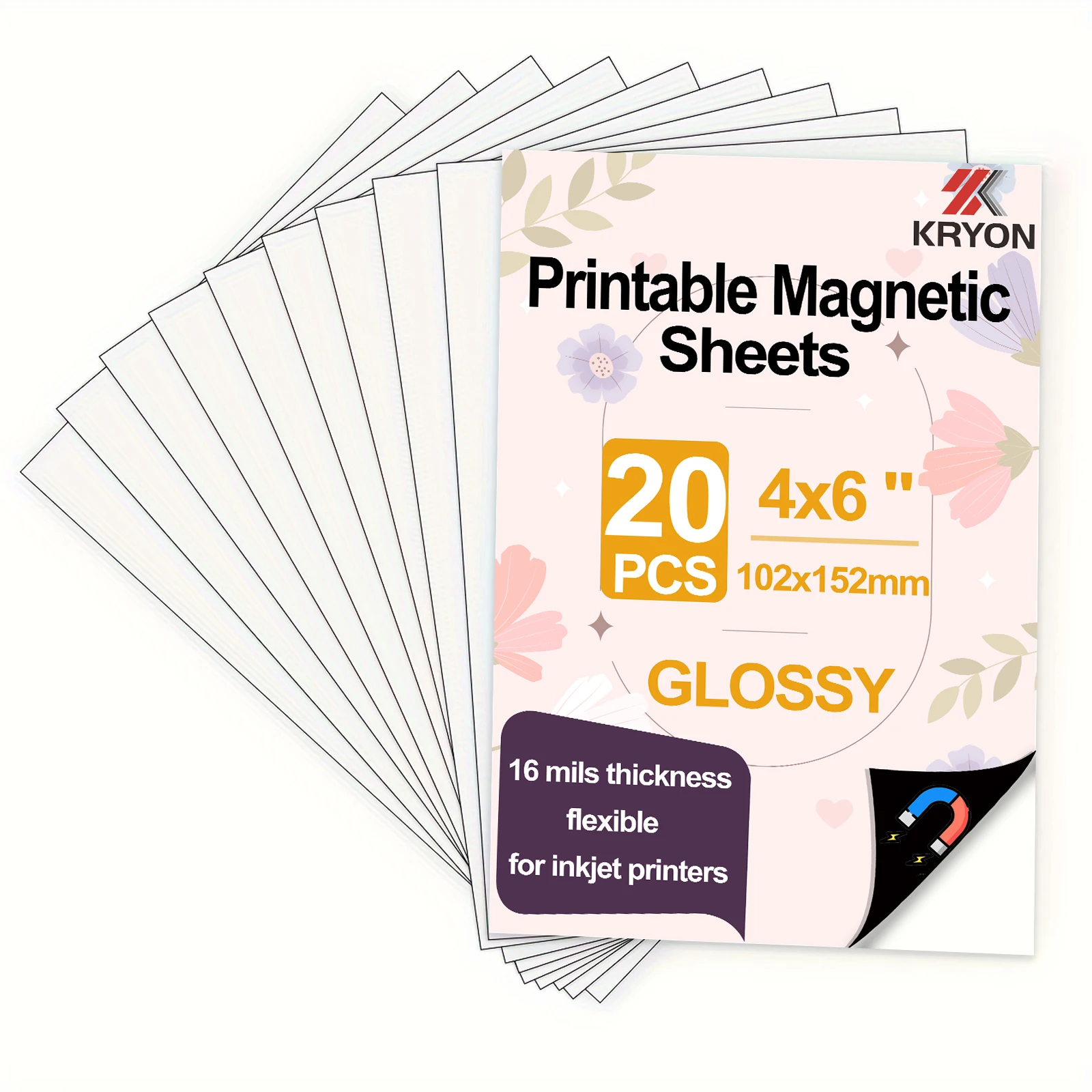KRYON 20 pièces 4x6 pouces 152x102mm feuilles magnétiques imprimables brillantes 16 mil d'épaisseur papier Photo magnétique pour imprimantes à jet d'encre