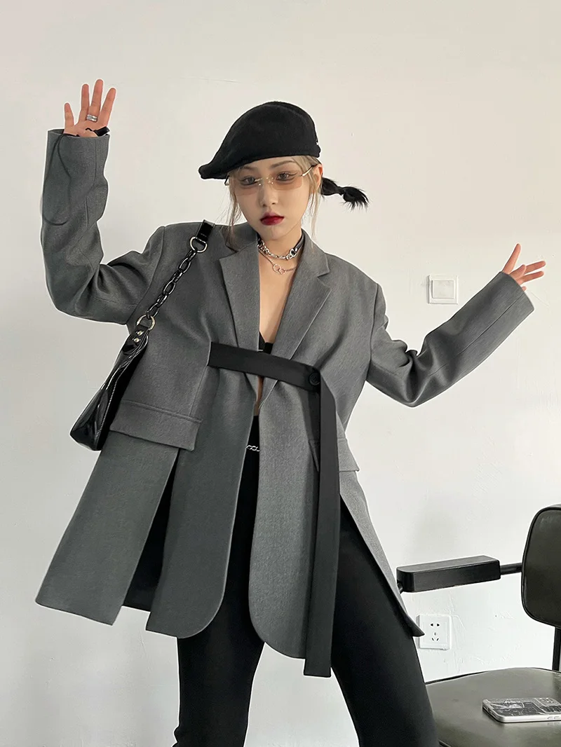 Blazers estilo rua feminino, design criativo, cintura com cinto, estilo europeu e americano com bainha dividida, nova chegada, 2024