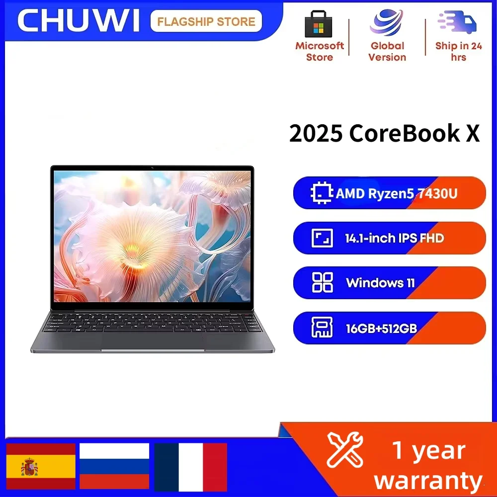 Игровой ноутбук CHUWI 2025 Corebook X Ryzen5 7430U, 14-дюймовый FHD-экран, 16 ГБ ОЗУ, 512 ГБ SSD, WIFI 6, игровой ноутбук с Windows 11