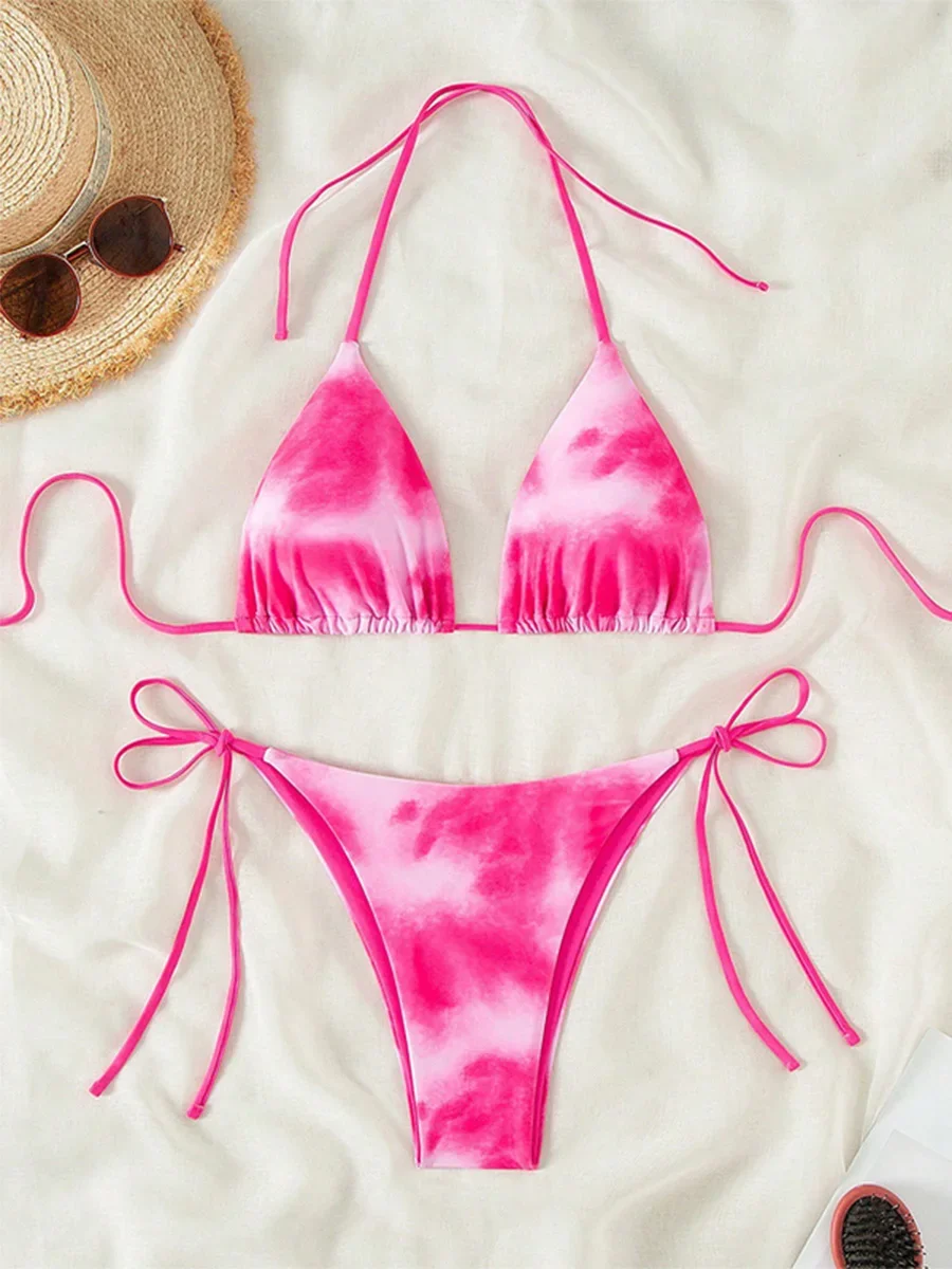 Maillot de bain deux pièces pour femmes, bikini, mini string, col licou, imbibé, 2025