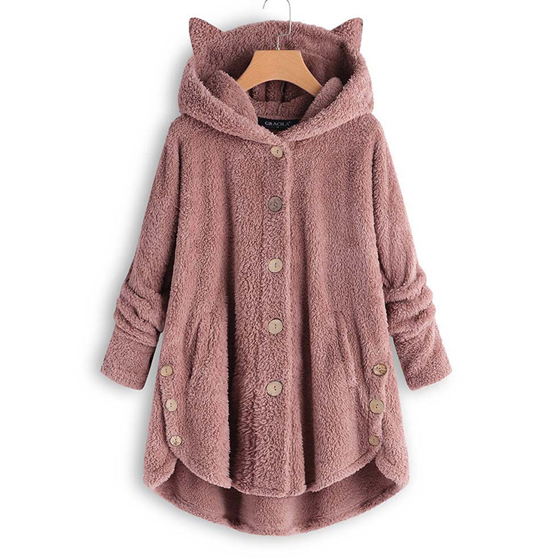 Button Hooded Cat Ear Plush Top Irregular Trendy Brand Solid Color Jacket for Women Feather Coats Parkas Women's Coat Winter Fur