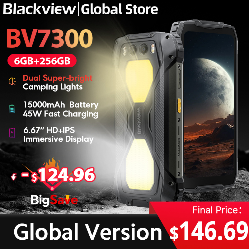 Blackview BV7300 Rugged Phone 6.67'' HD+ IPS 90Hz Display Dual Camping Light NFC 15000mAh 45W Fast Charge Android 14 Cellphone