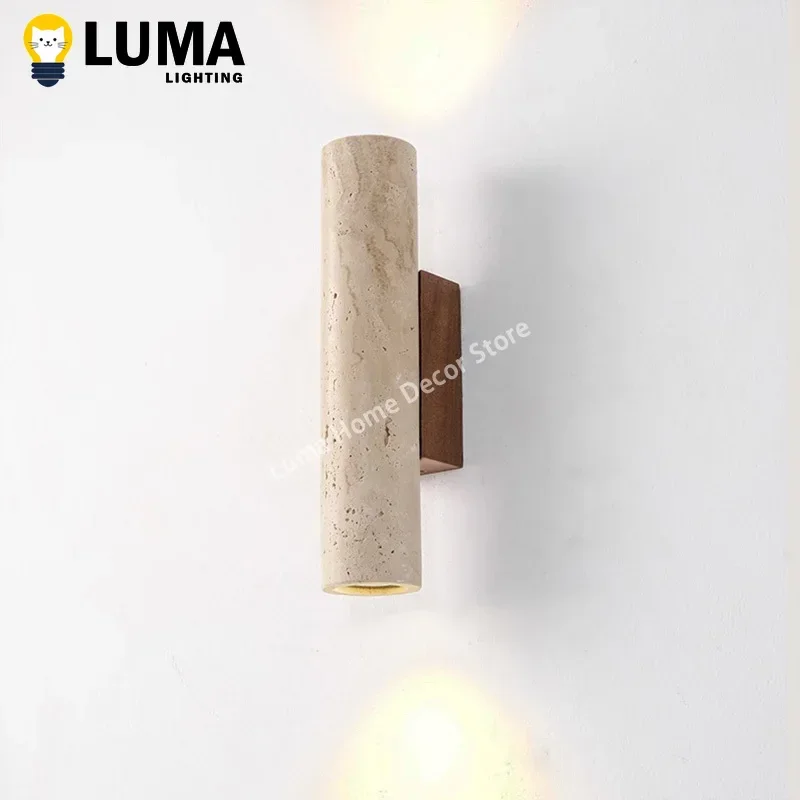 Wabi Sabi Style Yellow Travertine Wall Lamp Vintage Stone and Wood Sconce Light for Bedroom Bedside Living Room Stair Home Decor