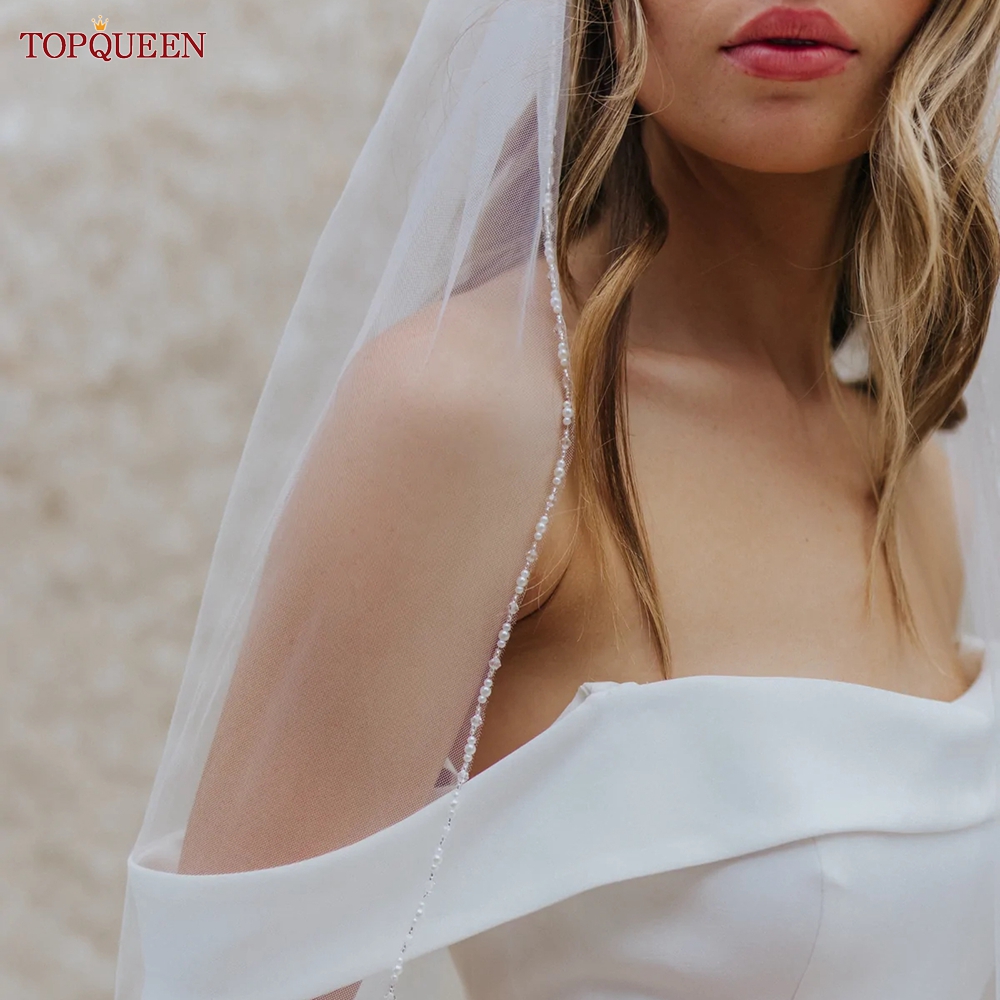 TOPQUEEN V107 Dài Cô Dâu Mạng Che Mặt Pha Lê Đính Hạt Cưới Mạng Che Mặt Pha Lê Edge 1 Tầng Siêu Mềm Cô Dâu Được Veil ngắn