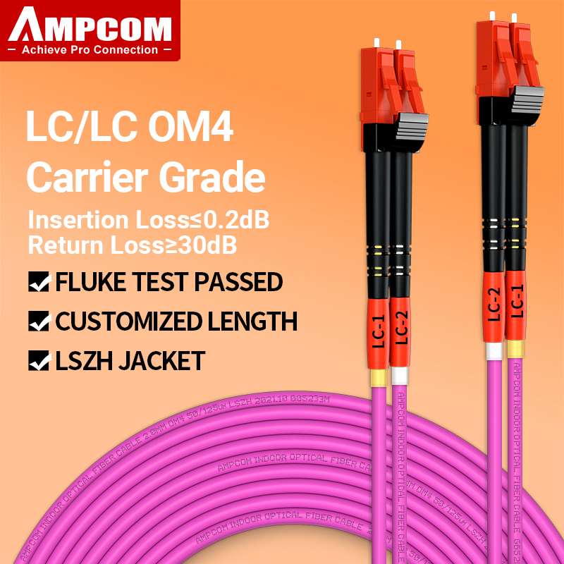 AMPCOM OM4 LC auf LC UPC Glasfaser-Patchkabel Multimode Duplex MMF 50/125 μm 40 Gbit/s Biegeempfindliches 2,0 mm Glasfaserkabel