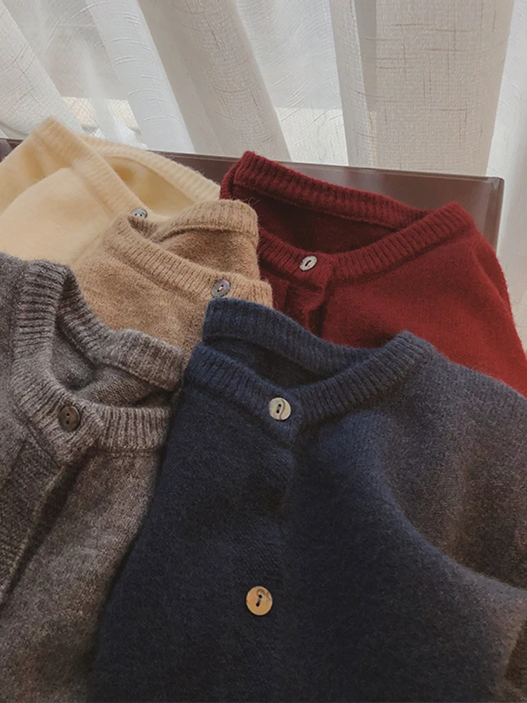 Cardigan Casual de Camere com Decote Redondo para Mulheres, Suéter de Outono Inverno, Jaqueta Estilo Coreano de Manga Longa