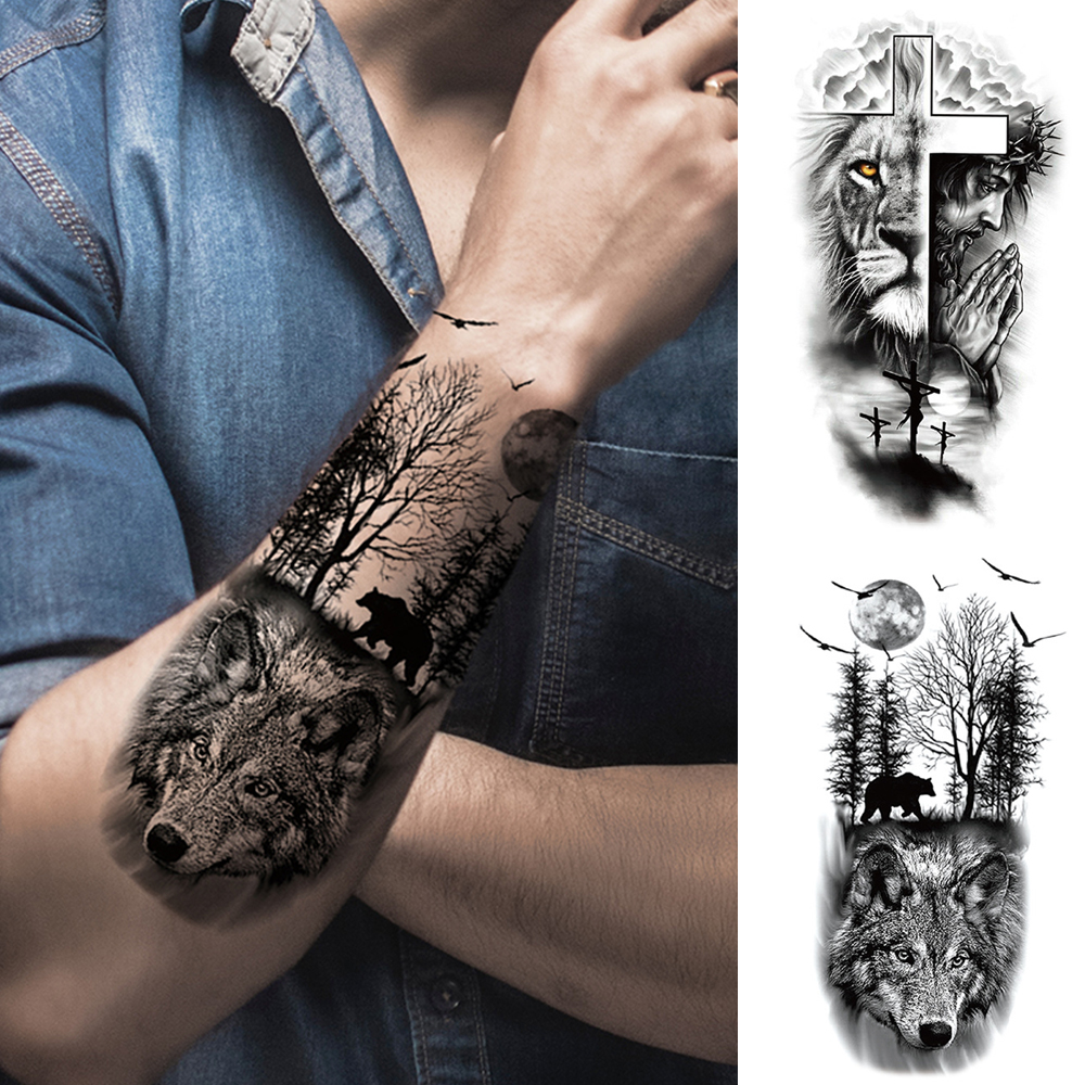 1pc à prova dwaterproof água tatuagem temporária adesivo leão lobo urso cruz floresta lua arte corporal braço tatuagens falsas manga para mulheres homens perna