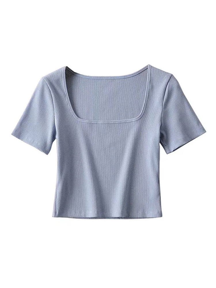 T-shirt corta a costine con collo quadrato da donna Top corto a maniche corte