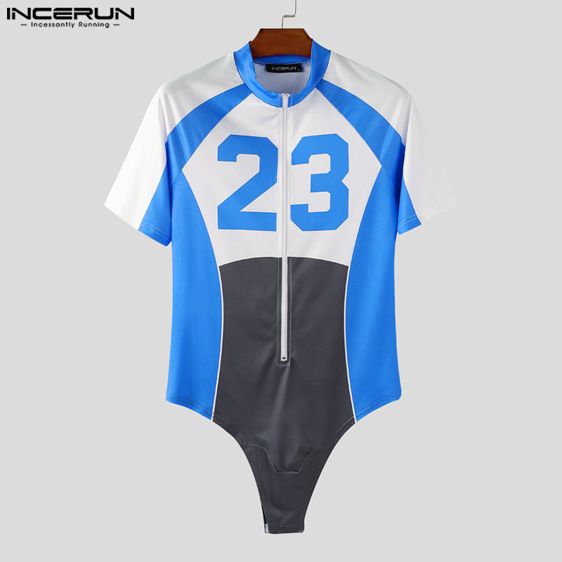 INCERUN мужские боди с принтом в стиле пэчворк на молнии с коротким рукавом мужские комбинезоны для тренировок 2025 бодибилдинг повседневное боди