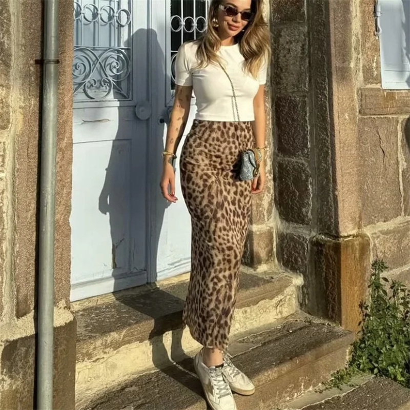 TRAF Luipaardprint Midi Rok Vrouw Tule Hoge Taille Lange Rokken Voor Vrouwen 2024 Zomer Vintage Mesh Rok Elegante Dames Skits