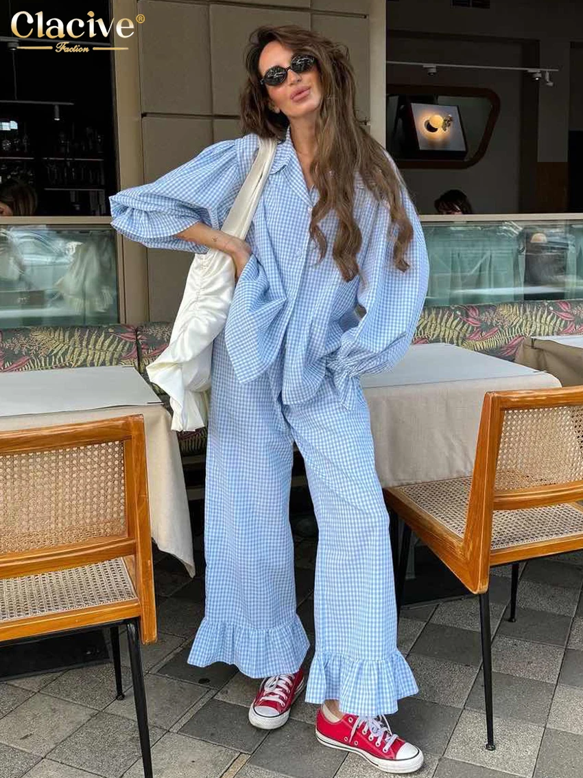 Clacive Fashion Loose Plaid Cotton Women's 3 Pieces Set 2025 Elegancka koszula z długim rękawem z wysokim stanem i szerokimi spodniami dla kobiet