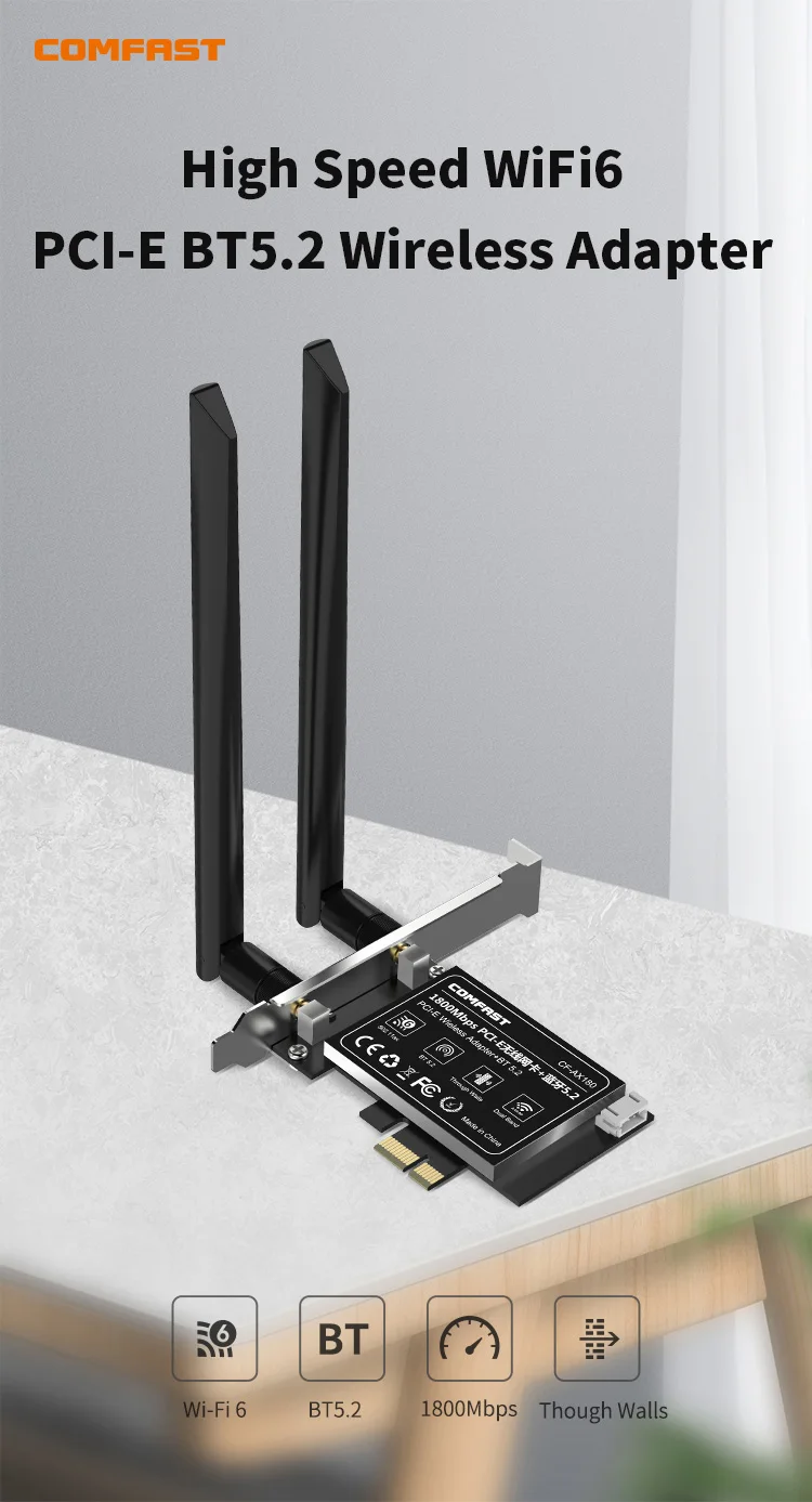 COMFAST AX180 1800 Мбит/с Wi-Fi 6 Беспроводной адаптер PCI-E 2,4G и 5,8 ГГц Bluetooth 5,2 Сетевая карта 2*5 дБи Антенны для настольных ПК Win10/11