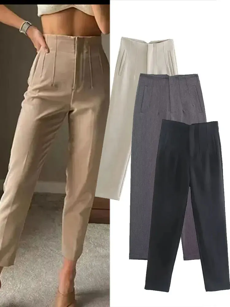 HH 2025 Women's Solid Color Office Slim Fit Pencil Pants High Waist Zipper Fly Women's Commuting Pocket Trim Pant Streetwear