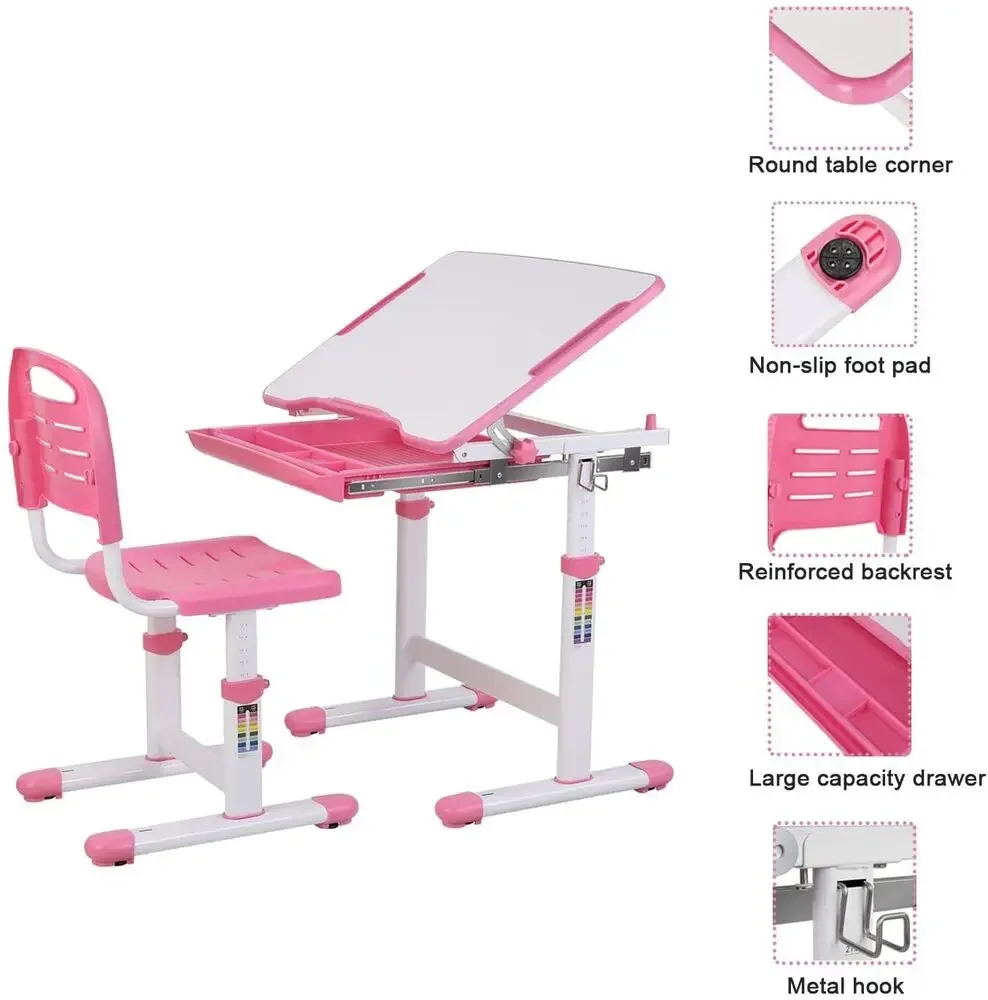 Mesa infantil com altura ajustável, cadeira de mesa para estudantes, adolescentes, crianças com gaveta removível para crianças de 3 a 10 anos