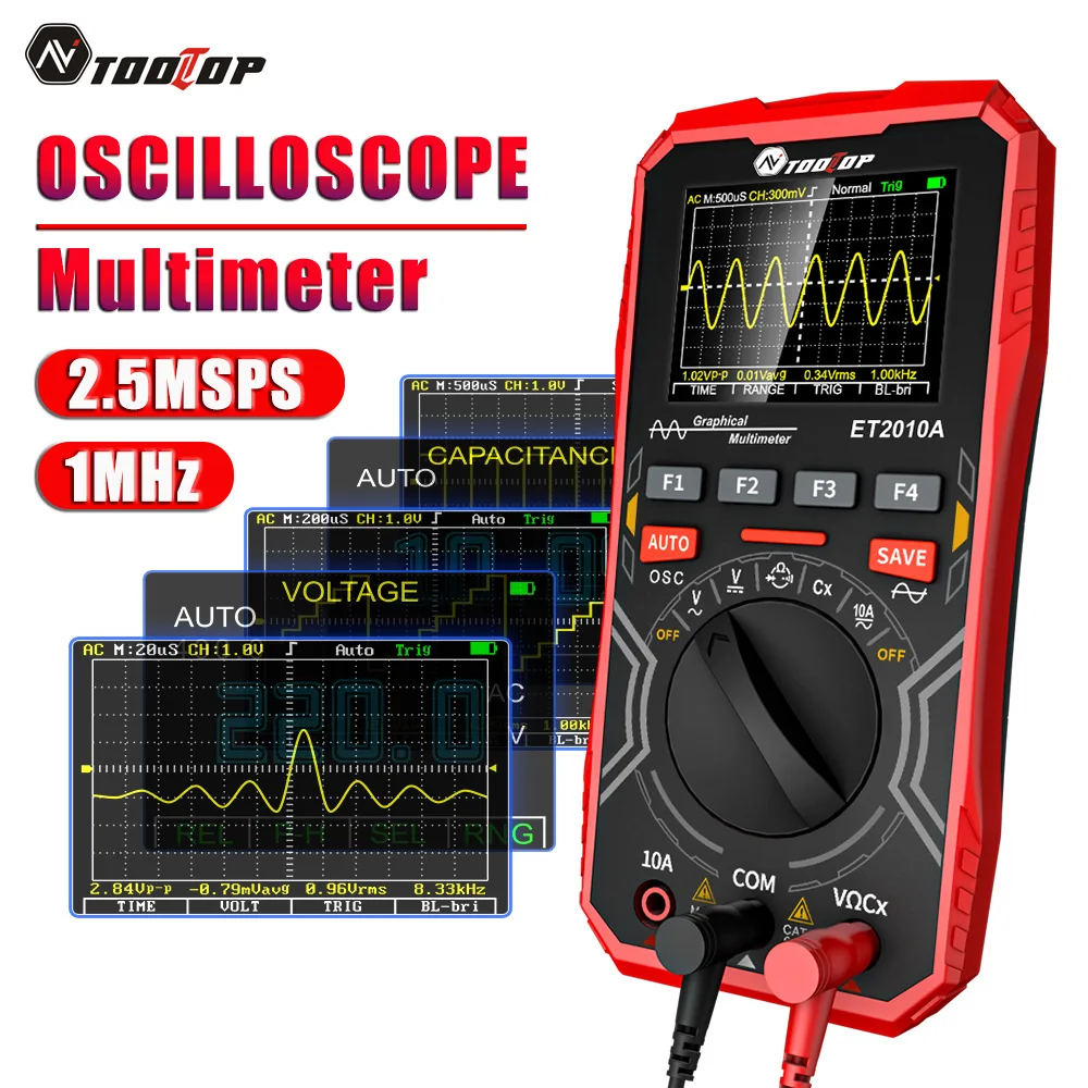TOOLTOP-multímetro Digital ET2010A 2 en 1, herramienta de prueba eléctrica multifuncional, 2,5 Msps, 1MHz, portátil
