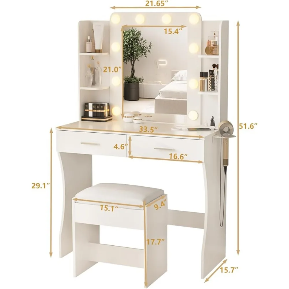 Vanity Desk with Lights,Makeup Vanity with Power Strip,Dressing Table Set with 2 Large Drawers,Vanity Mirror 3 Lighting Color