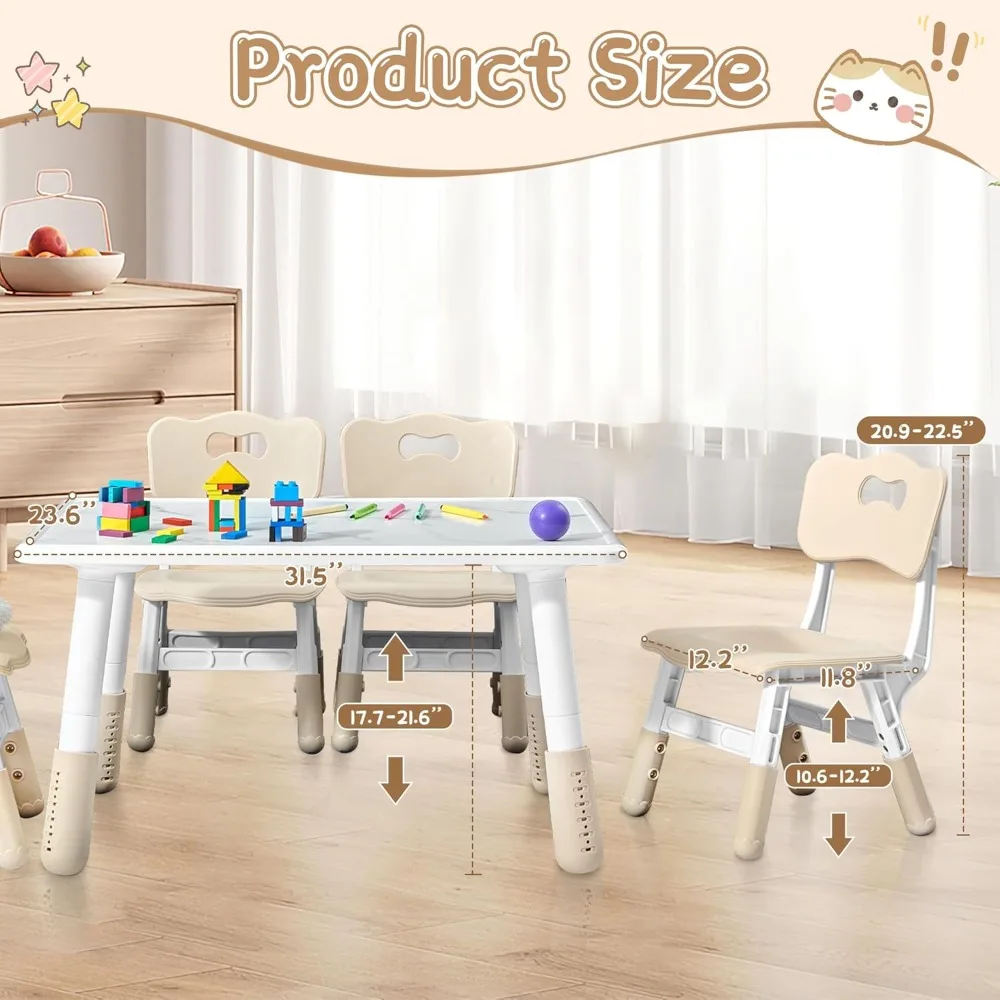 Adjustable Kids Table and 4 Chair Set, Height Adjustable Multi-Activity Play Desk, Marble Graffiti Design, Preschool Montessori