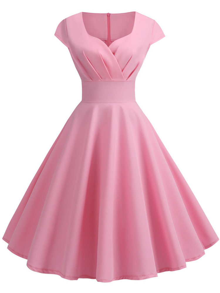 Rosa Sommerkleid Damen V-Ausschnitt Vintage Robe Elegant Retro Pin Up Party Büro Midi Kleider