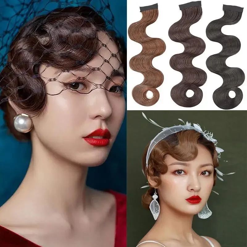 Sintético 1 pçs vintage feminino cheongsam ondulado falso franja peruca antigo encaracolado pedaço de cabelo extensão do cabelo estilo cocar