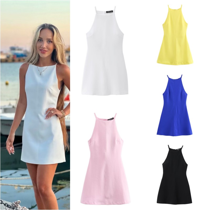 Robe licou Interlock 2024 TRAF, nouvelle robe ajustée trapèze sexy sans manches, fabriquée en tissu tricoté extensible et flexible