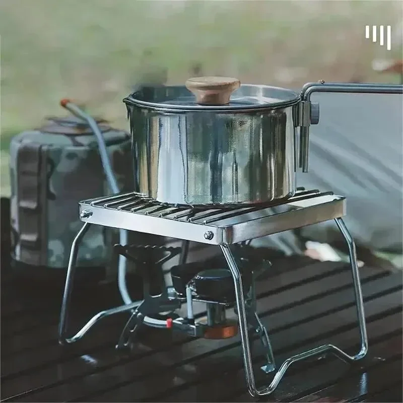 Zewnętrzny stojak na piecyk ze stali nierdzewnej, kempingowy, przenośny, składany mini grill, zestaw z uchwytem na garnki i tacką do pieczenia.