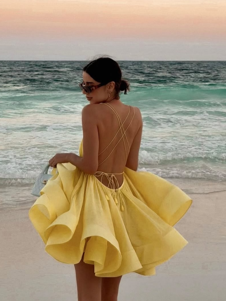 Mini robe Sexy dos nu à lacets, ourlet ample et plissé, sans manches, taille haute, ligne a, vêtements de fête vocation jaunes, nouvelle collection 2025
