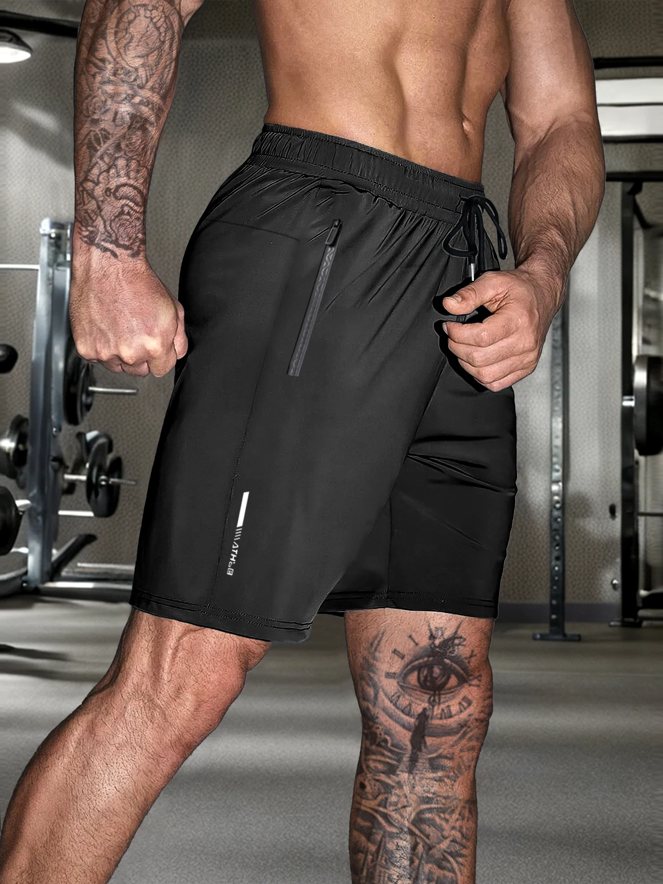 Shorts masculinos de cor sólida, com bolsos com zíper, shorts casuais com cordão elástico na cintura solta e alta elasticidade, adequados