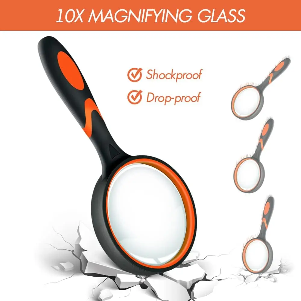 Handheld Magnifying Glass 10x Kids Seniors Magnifier Reading Exploration Non-Slip Shatterproof Magnifying Lens 50/65/75/100mm