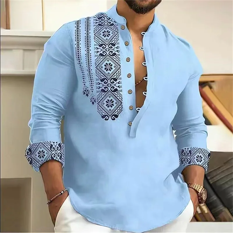 Camicia a maniche lunghe da uomo alla moda a 7 bottoni Camicia abbottonata Maglietta ampia da spiaggia con scollo a V Henley Materiale di alta qualità