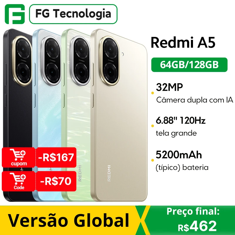【Marca +】 Versão global Redmi A5 Unisoc T7250 Processador 32MP Câmera principal 6,88 "tela grande suporta carregamento rápido de 15W