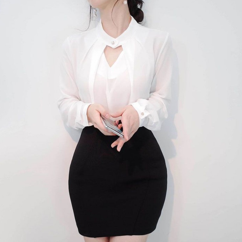Blusas lisas de gasa para mujer, camisas de manga larga ajustadas con huecos, camisetas básicas sexis que combinan con todo para primavera y verano, Tops finos elegantes para mujer Ins