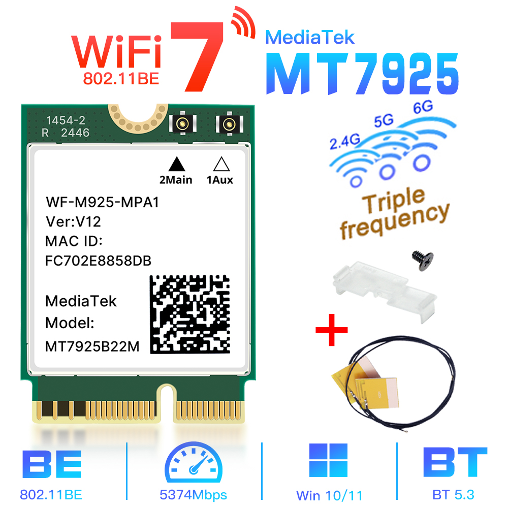 Tarjeta de red WiFi 7 MT7925, adaptador inalámbrico Bluetooth 5,3 M.2 NGFF, 5400Mbps, triple banda 2,4G 5G 6GHz, tarjeta Lan Wifi7 para Win 10/11