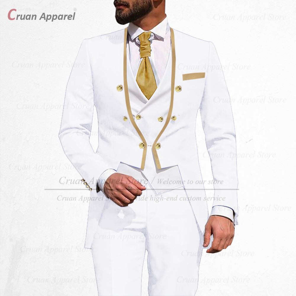 Mới Nhất Xanh Hoàng Gia Phù Hợp Với Nam 3 Mỏng Cưới Tốt Nhất Người Chú Rể Tuxedo Đôi Viền Vàng Áo Khoác Vest quần Lót Tailcoat