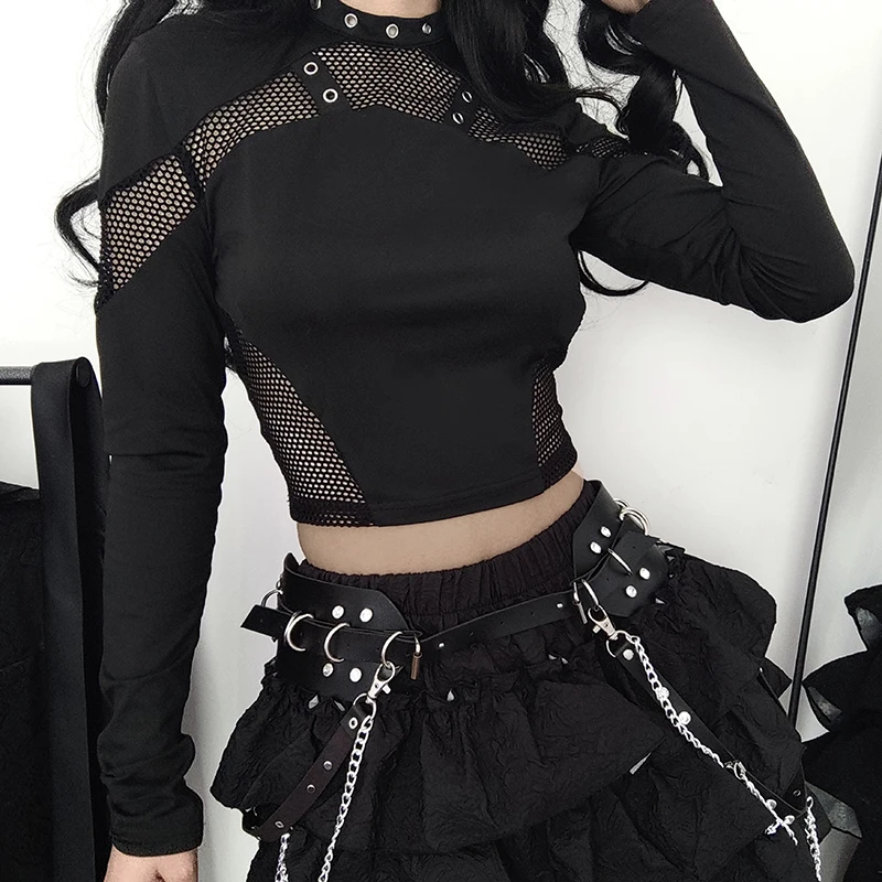 CIBBAR Gothic Black Crop Top Chic ดูผ่านตาข่าย Patchwork แขนยาว Skinny Basic เสื้อยืดผู้หญิง Punk สไตล์เย็บเสื้อ T