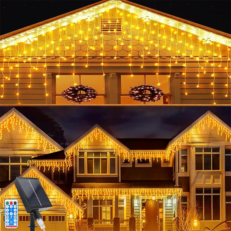 6m 10m 15m 18m Solar Weihnachten Eiszapfen Lichter Outdoor Solar Vorhang Lichterkette mit Remote Solar hängen Wasserfall Lichterkette