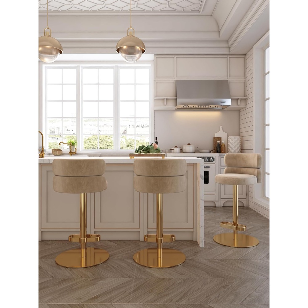 Velvet Bar Stools Modern Swivel Adjustable Height Kitchen Counter Bar Stools with Footrest for Living Room Dining Room